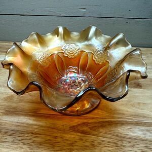 Antique Dugan Carnival Glass Pedestal Bowl in Marigold Double Stem Rose Pattern